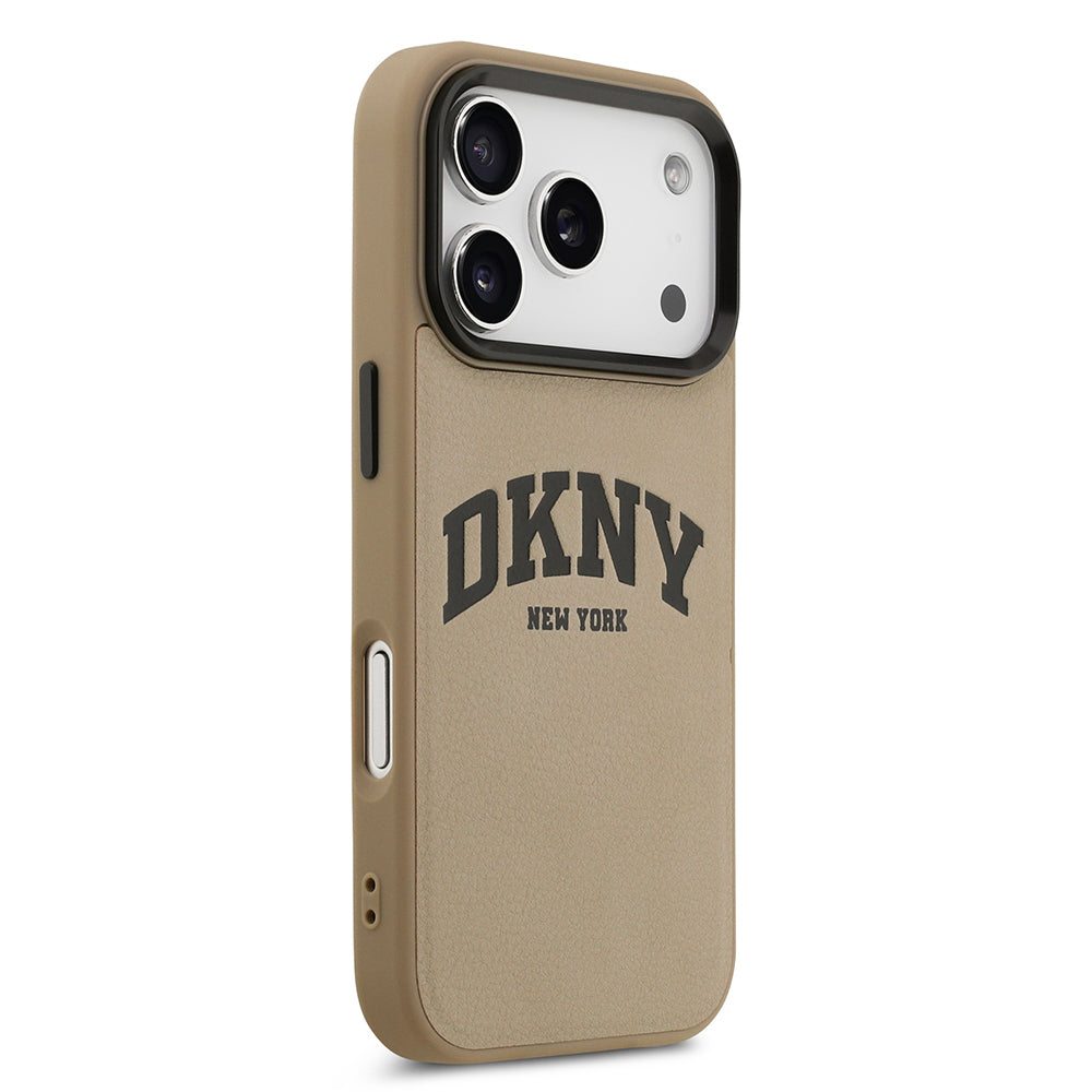Apple iPhone 17 Pro Kılıf DKNY Orjinal Lisanslı M-safe Şarj Özellikli PU Deri Kabartmalı Kapak Bej