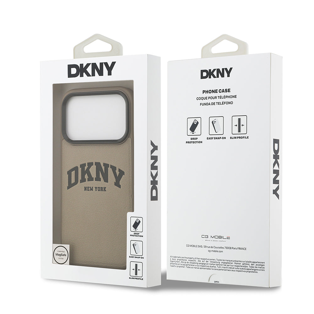 Apple iPhone 17 Pro Kılıf DKNY Orjinal Lisanslı M-safe Şarj Özellikli PU Deri Kabartmalı Kapak Bej