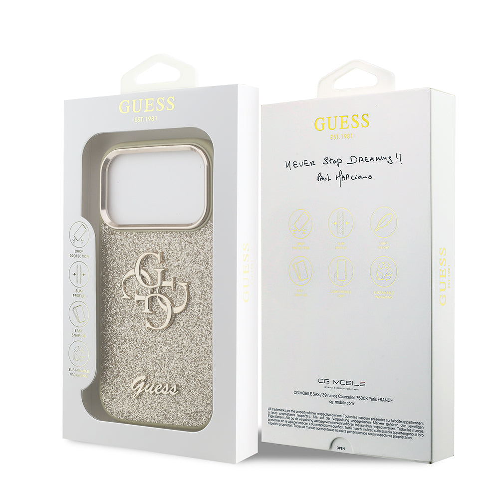 Apple iPhone 17 Pro Kılıf Guess Orjinal Lisanslı 4G Büyük Metal Kamera Çerçeveli ve Logolu Glitter Kapak Gold