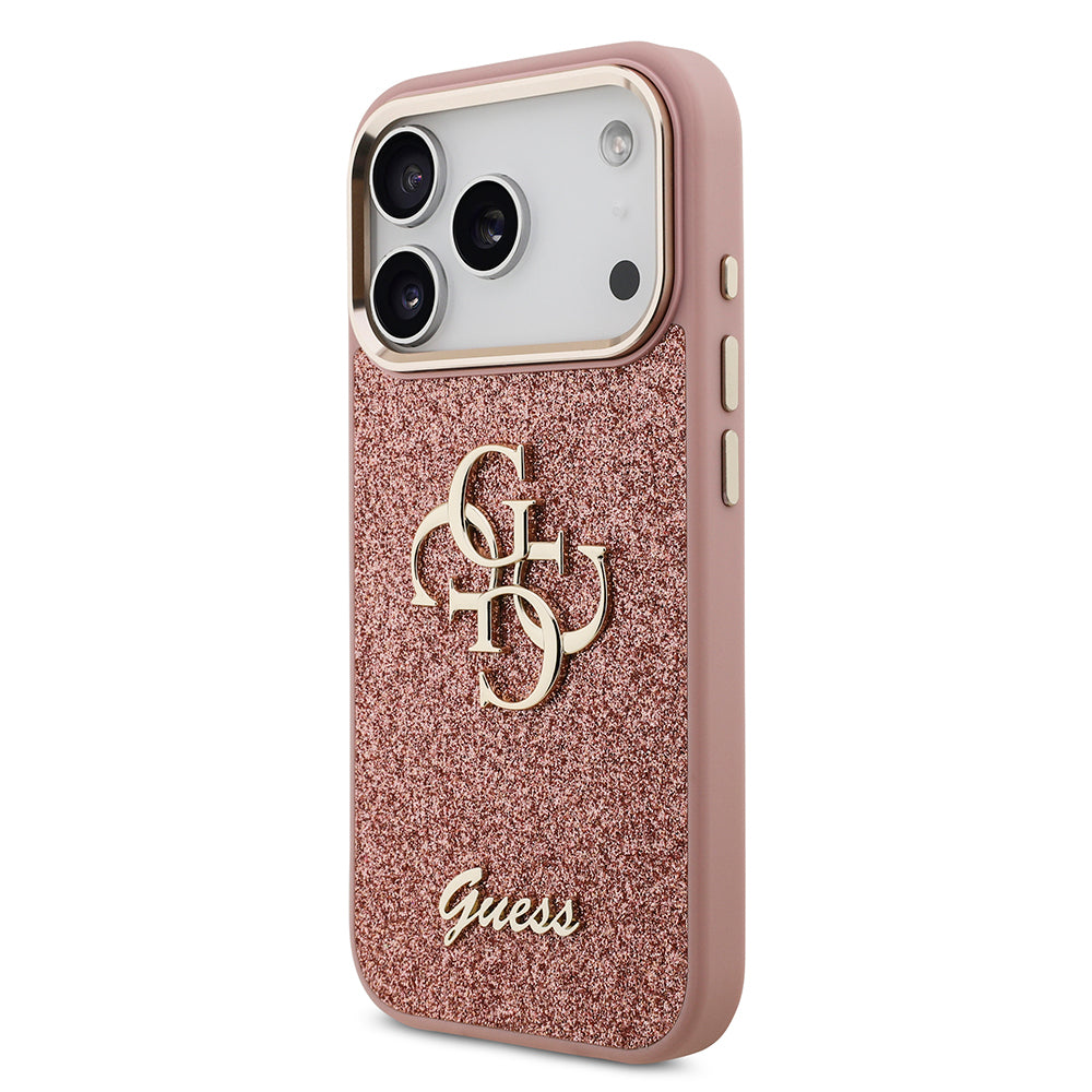 Apple iPhone 17 Pro Kılıf Guess Orjinal Lisanslı 4G Büyük Metal Kamera Çerçeveli ve Logolu Glitter Kapak Gold