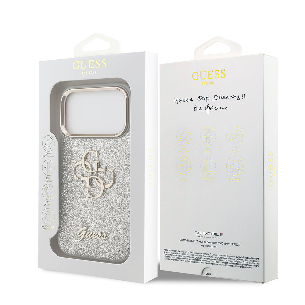 Apple iPhone 17 Pro Kılıf Guess Orjinal Lisanslı 4G Büyük Metal Kamera Çerçeveli ve Logolu Glitter Kapak Gri