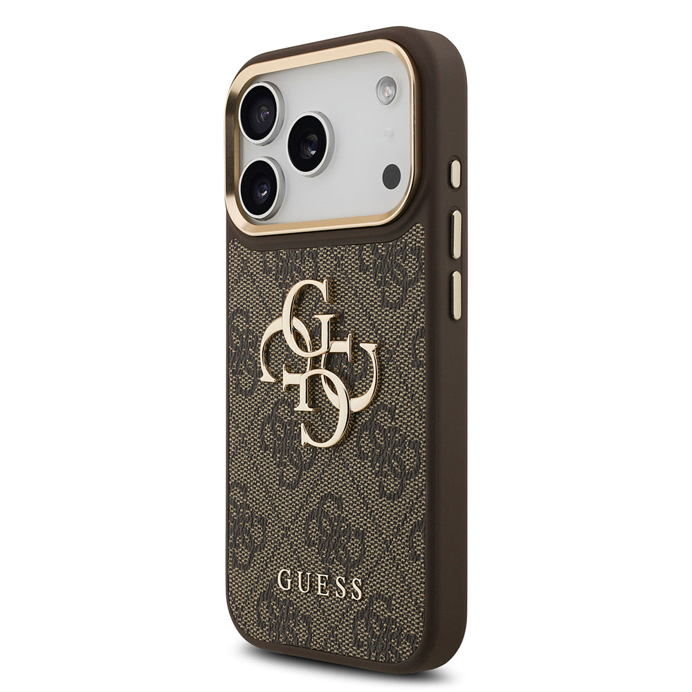 Apple iPhone 17 Pro Kılıf Guess Orjinal Lisanslı Gold Metal Kamera Çerçeveli 4G Desenli Metal Büyük 4G ve Yazı Logolu Kapak Kahverengi