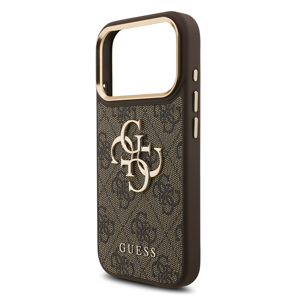 Apple iPhone 17 Pro Kılıf Guess Orjinal Lisanslı Gold Metal Kamera Çerçeveli 4G Desenli Metal Büyük 4G ve Yazı Logolu Kapak Siyah