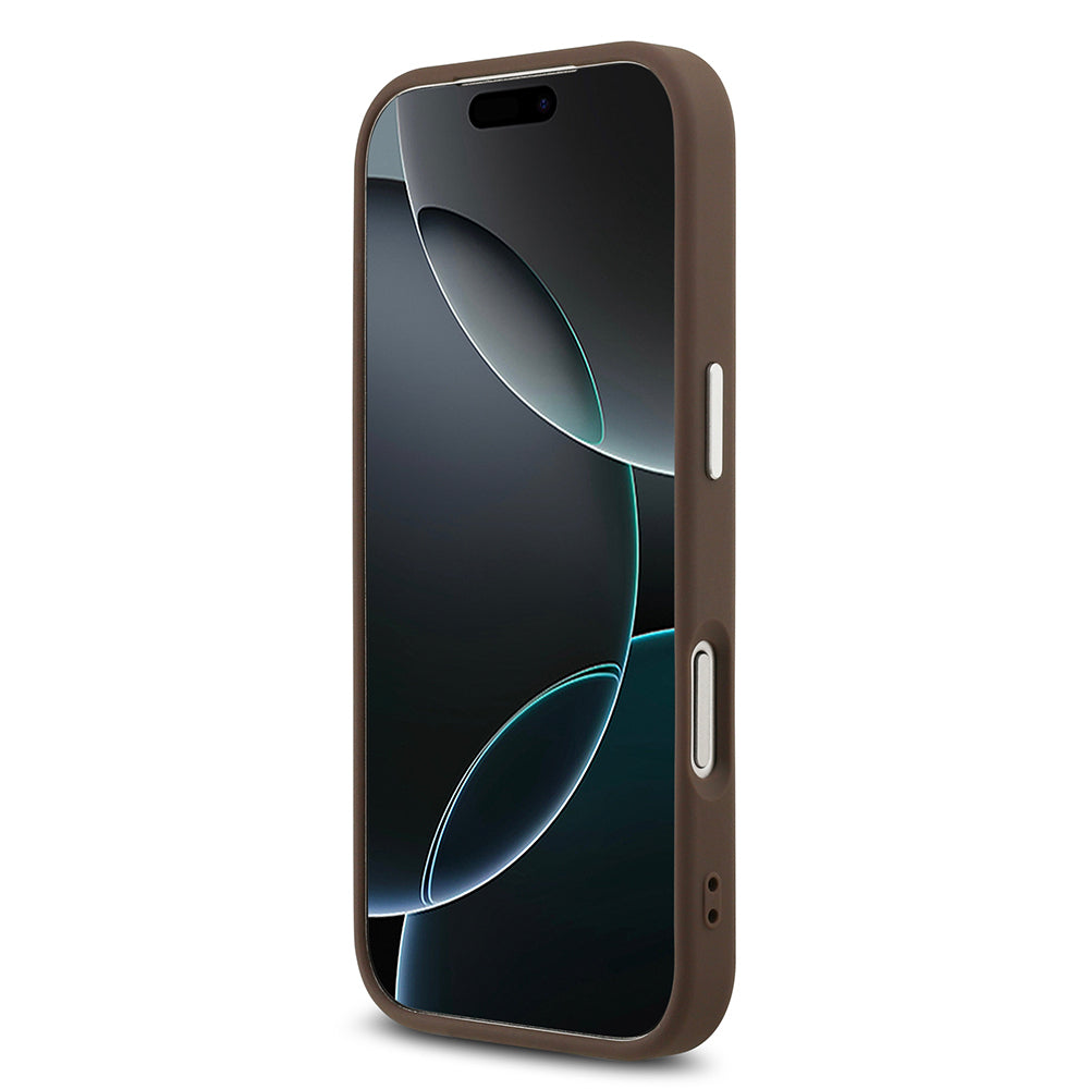 Apple iPhone 17 Pro Kılıf Guess Orjinal Lisanslı Gümüş Metal Kamera Çerçeveli 4G Desenli Metal Büyük 4G ve Yazı Logolu Kapak Kahverengi