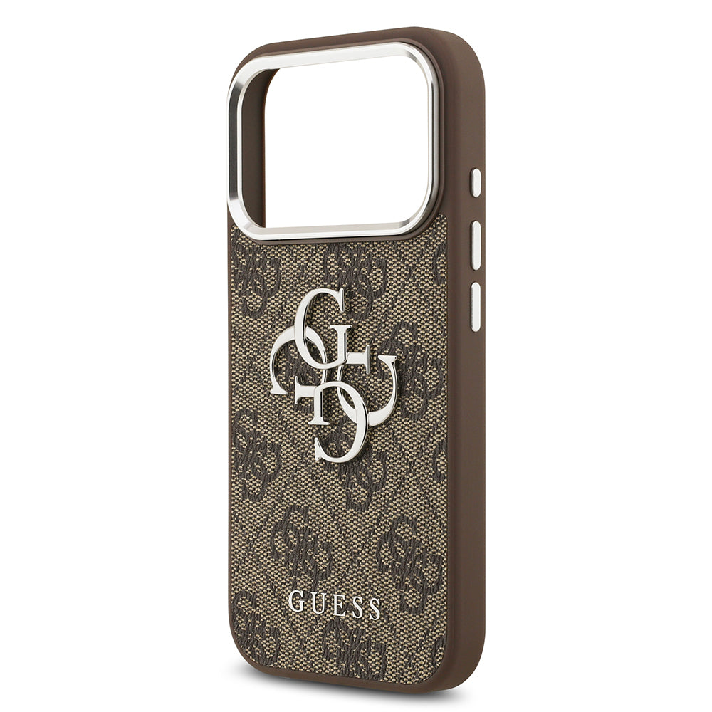 Apple iPhone 17 Pro Kılıf Guess Orjinal Lisanslı Gümüş Metal Kamera Çerçeveli 4G Desenli Metal Büyük 4G ve Yazı Logolu Kapak Kahverengi