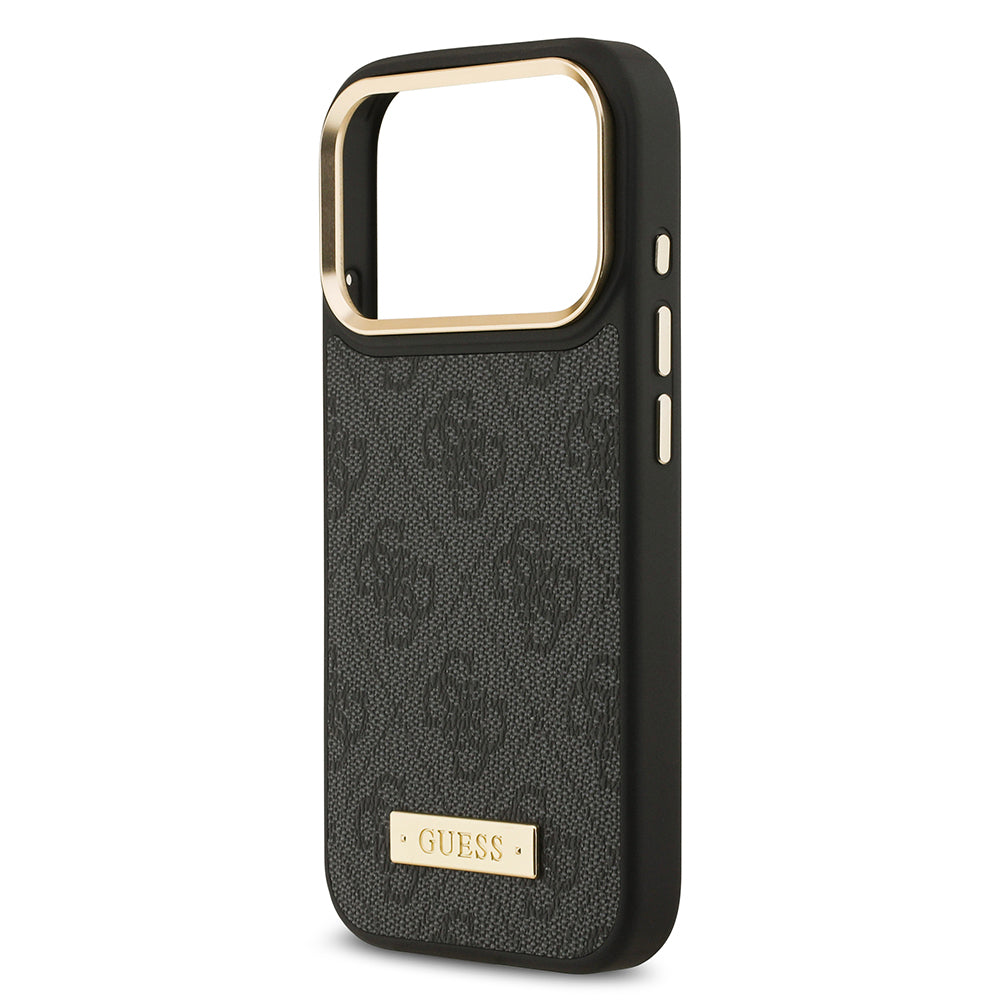 Apple iPhone 17 Pro Kılıf Guess Orjinal Lisanslı M-safe Şarj Özellikli 4G Desenli PU Metal Plaka Klasik Logolu Kapak Kahverengi