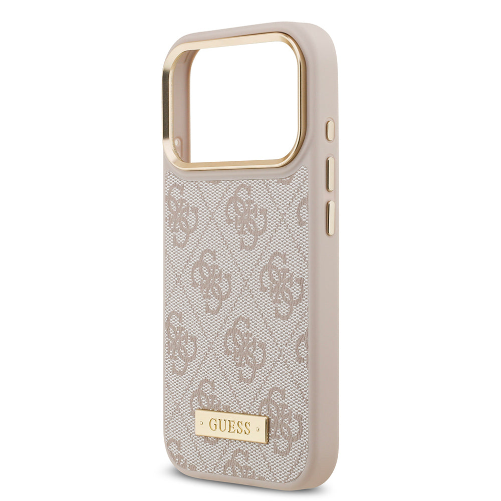 Apple iPhone 17 Pro Kılıf Guess Orjinal Lisanslı M-safe Şarj Özellikli 4G Desenli PU Metal Plaka Klasik Logolu Kapak Siyah