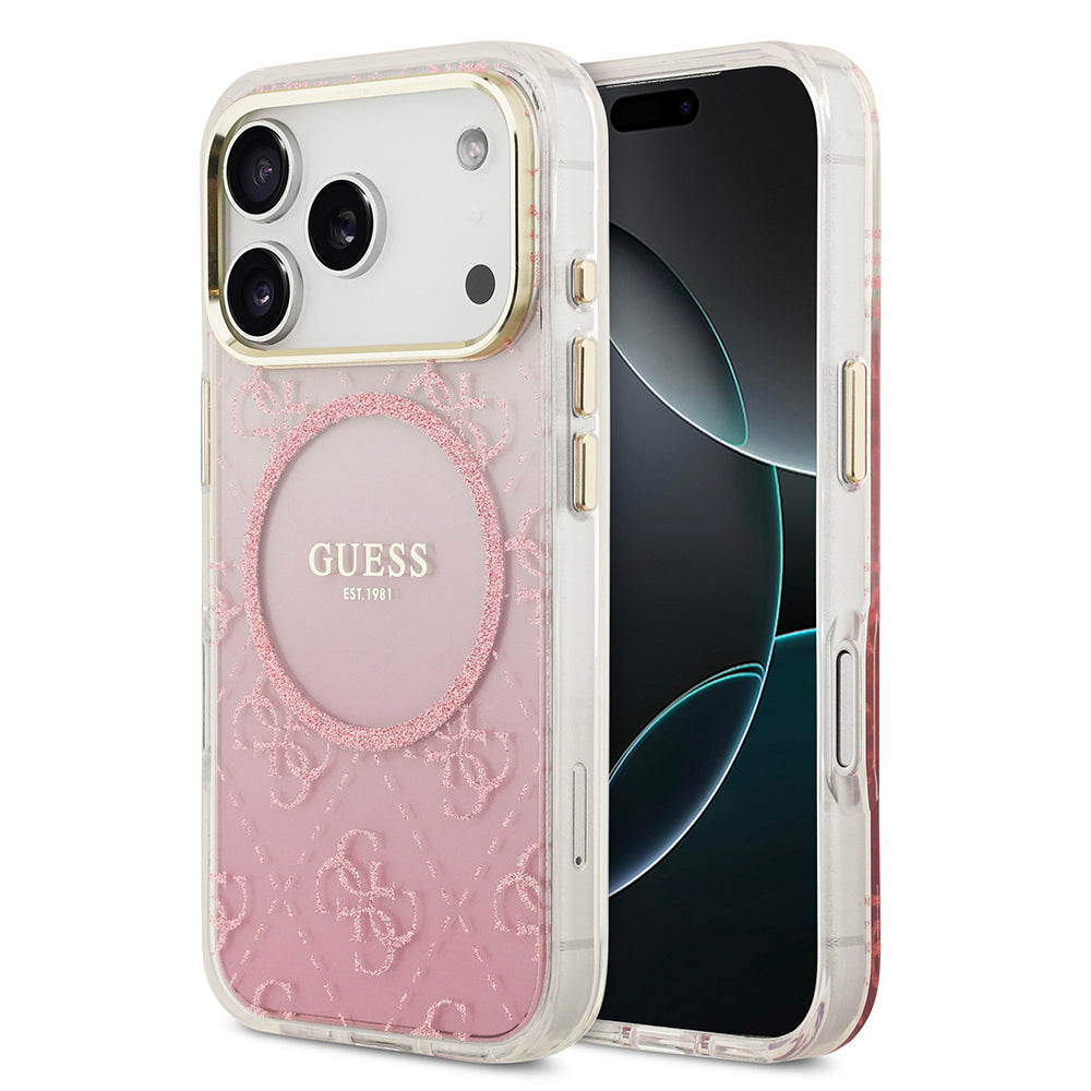 Apple iPhone 17 Pro Kılıf Guess Orjinal Lisanslı M-safe Şarj Özellikli 4G Desenli Simli Silikon Kapak Mor