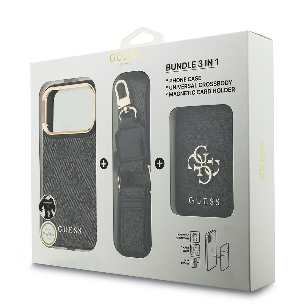 Apple iPhone 17 Pro Kılıf Guess Orjinal Lisanslı M-safe Şarj Özellikli Askılı ve 4G Logo Kartlıklı Kapak Kahverengi