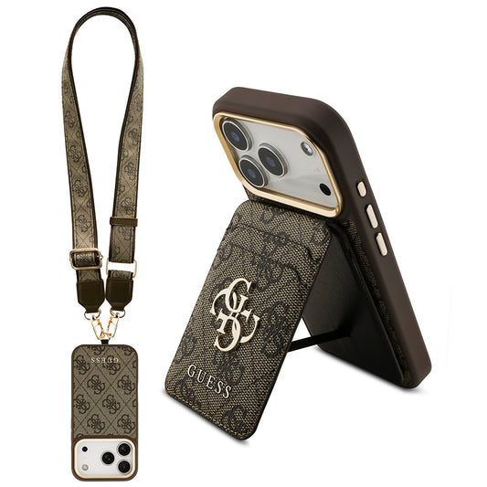 Apple iPhone 17 Pro Kılıf Guess Orjinal Lisanslı M-safe Şarj Özellikli Askılı ve 4G Logo Kartlıklı Kapak Kahverengi