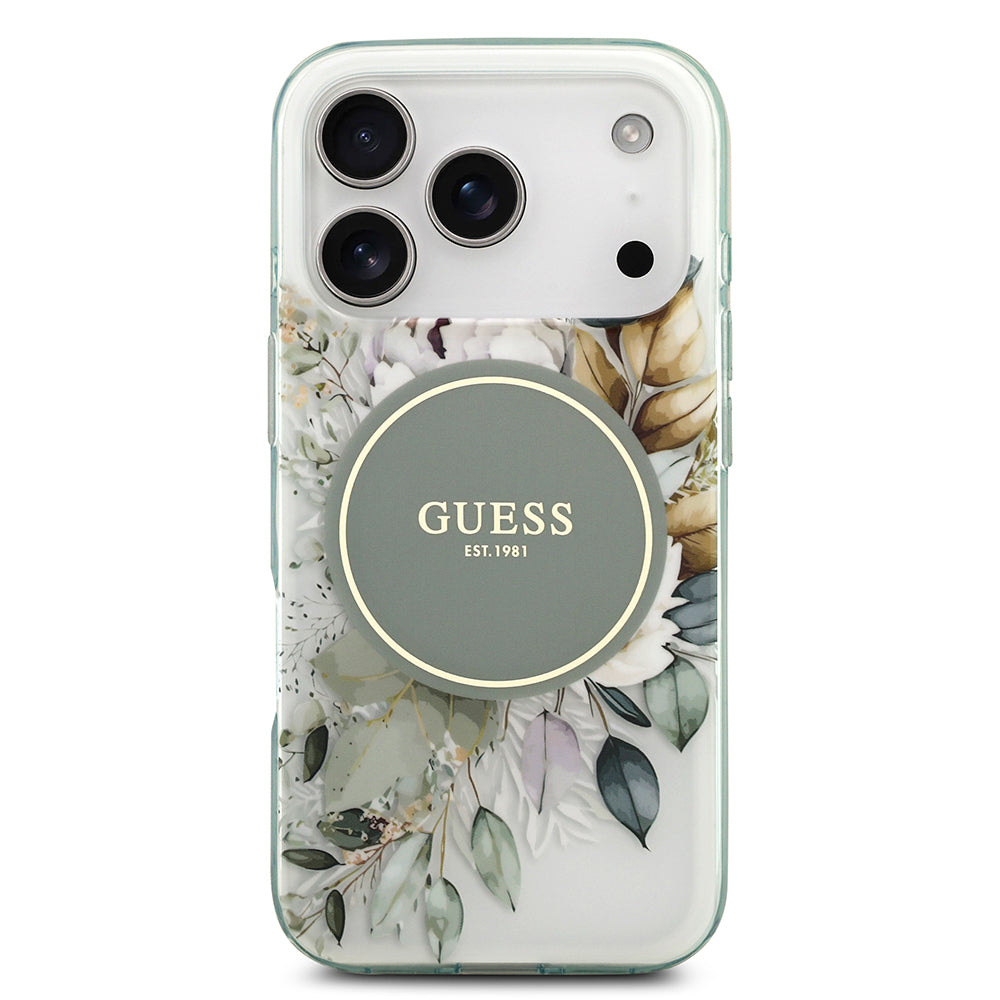 Apple iPhone 17 Pro Kılıf Guess Orjinal Lisanslı M-safe Şarj Özellikli Flower Tonal Circle Kapak Yeşil