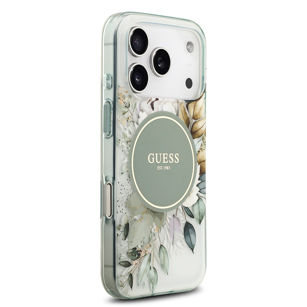 Apple iPhone 17 Pro Kılıf Guess Orjinal Lisanslı M-safe Şarj Özellikli Flower Tonal Circle Kapak Kahverengi