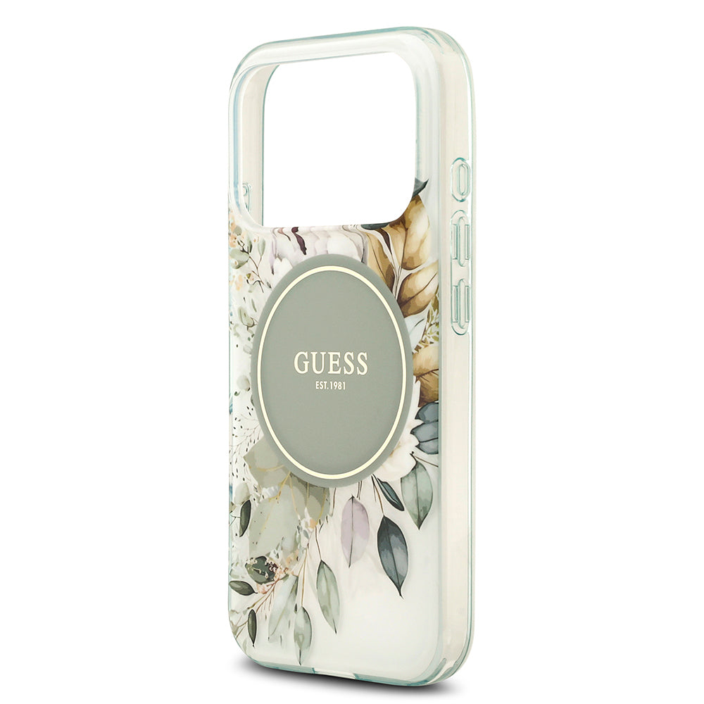 Apple iPhone 17 Pro Kılıf Guess Orjinal Lisanslı M-safe Şarj Özellikli Flower Tonal Circle Kapak Yeşil