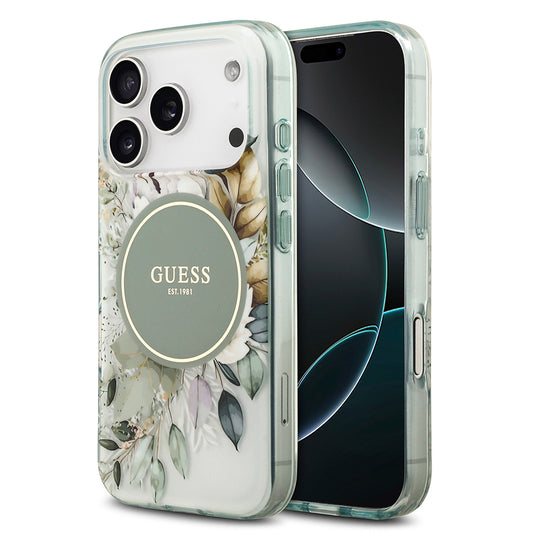 Apple iPhone 17 Pro Kılıf Guess Orjinal Lisanslı M-safe Şarj Özellikli Flower Tonal Circle Kapak Yeşil