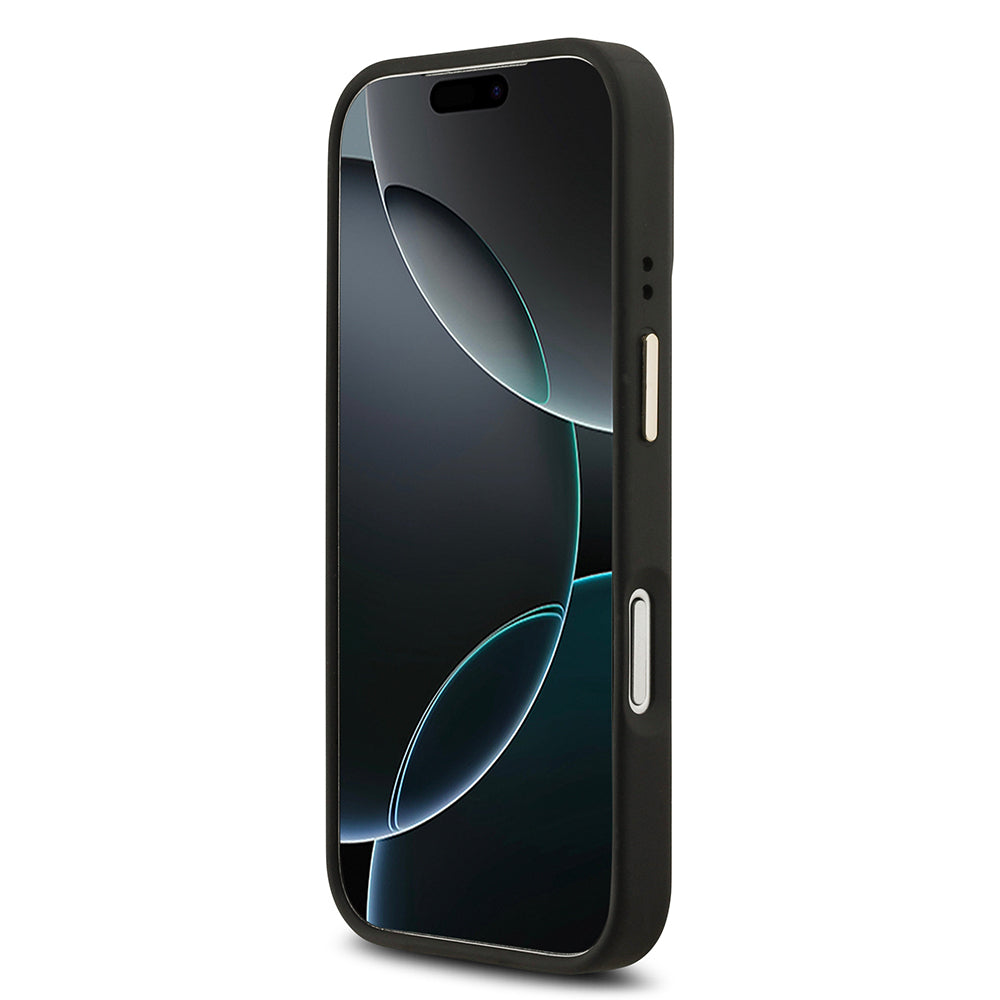 Apple iPhone 17 Pro Kılıf Guess Orjinal Lisanslı M-safe Şarj Özellikli Gold Metal Kamera Çerçeveli PU Deri 4G Desenli Yazı Logolu Kapak Mavi