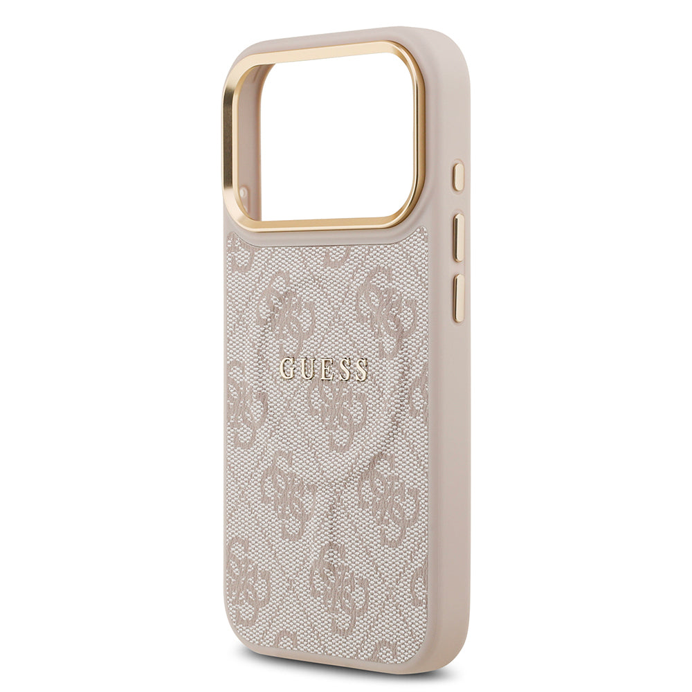 Apple iPhone 17 Pro Kılıf Guess Orjinal Lisanslı M-safe Şarj Özellikli Gold Metal Kamera Çerçeveli PU Deri 4G Desenli Yazı Logolu Kapak Mavi