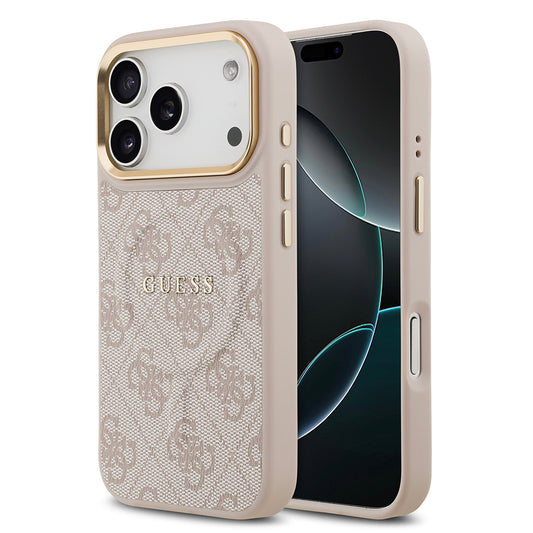 Apple iPhone 17 Pro Kılıf Guess Orjinal Lisanslı M-safe Şarj Özellikli Gold Metal Kamera Çerçeveli PU Deri 4G Desenli Yazı Logolu Kapak Pembe