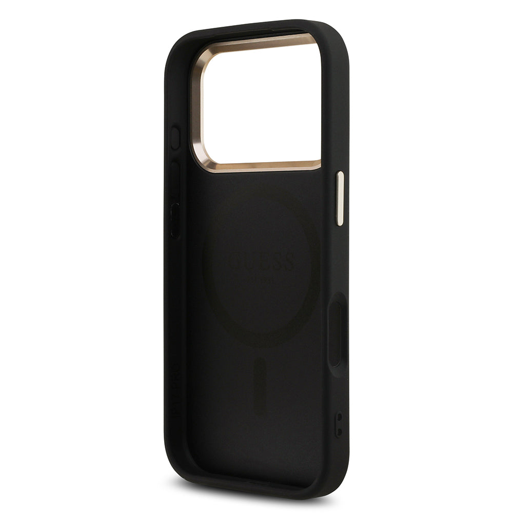 Apple iPhone 17 Pro Kılıf Guess Orjinal Lisanslı M-safe Şarj Özellikli Gold Metal Kamera Çerçeveli Taşlı Üçgen Logo 4G Desenli Kapak Kahverengi