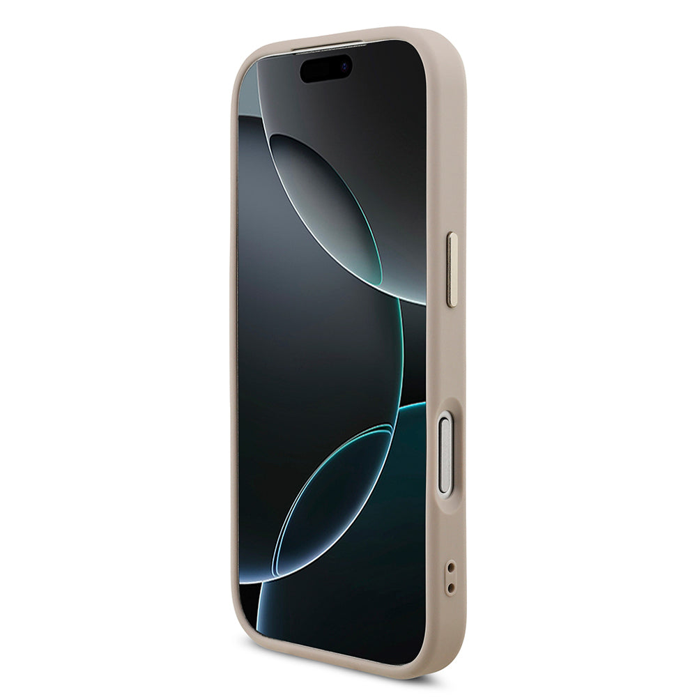 Apple iPhone 17 Pro Kılıf Guess Orjinal Lisanslı M-safe Şarj Özellikli Gold Metal Kamera Çerçeveli Taşlı Üçgen Logo 4G Desenli Kapak Pembe