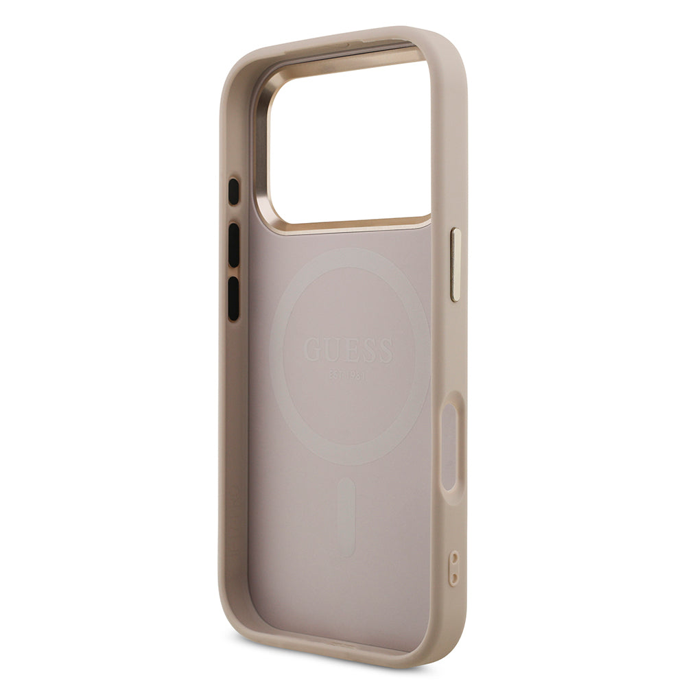 Apple iPhone 17 Pro Kılıf Guess Orjinal Lisanslı M-safe Şarj Özellikli Gold Metal Kamera Çerçeveli Taşlı Üçgen Logo 4G Desenli Kapak Pembe