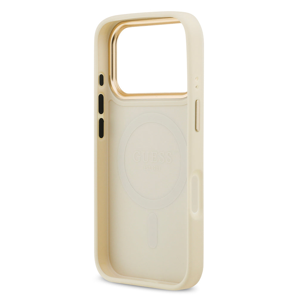Apple iPhone 17 Pro Kılıf Guess Orjinal Lisanslı M-safe Şarj Özellikli Grained Yazı ve Taşlı 4G Logolu Kapak Bej