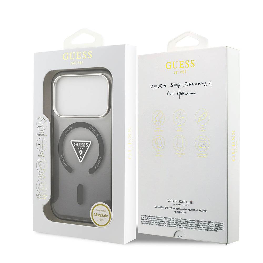 Apple iPhone 17 Pro Kılıf Guess Orjinal Lisanslı M-safe Şarj Özellikli IML Baskılı Üçgen Logolu Metal Kamera Çerçeveli Kapak Siyah