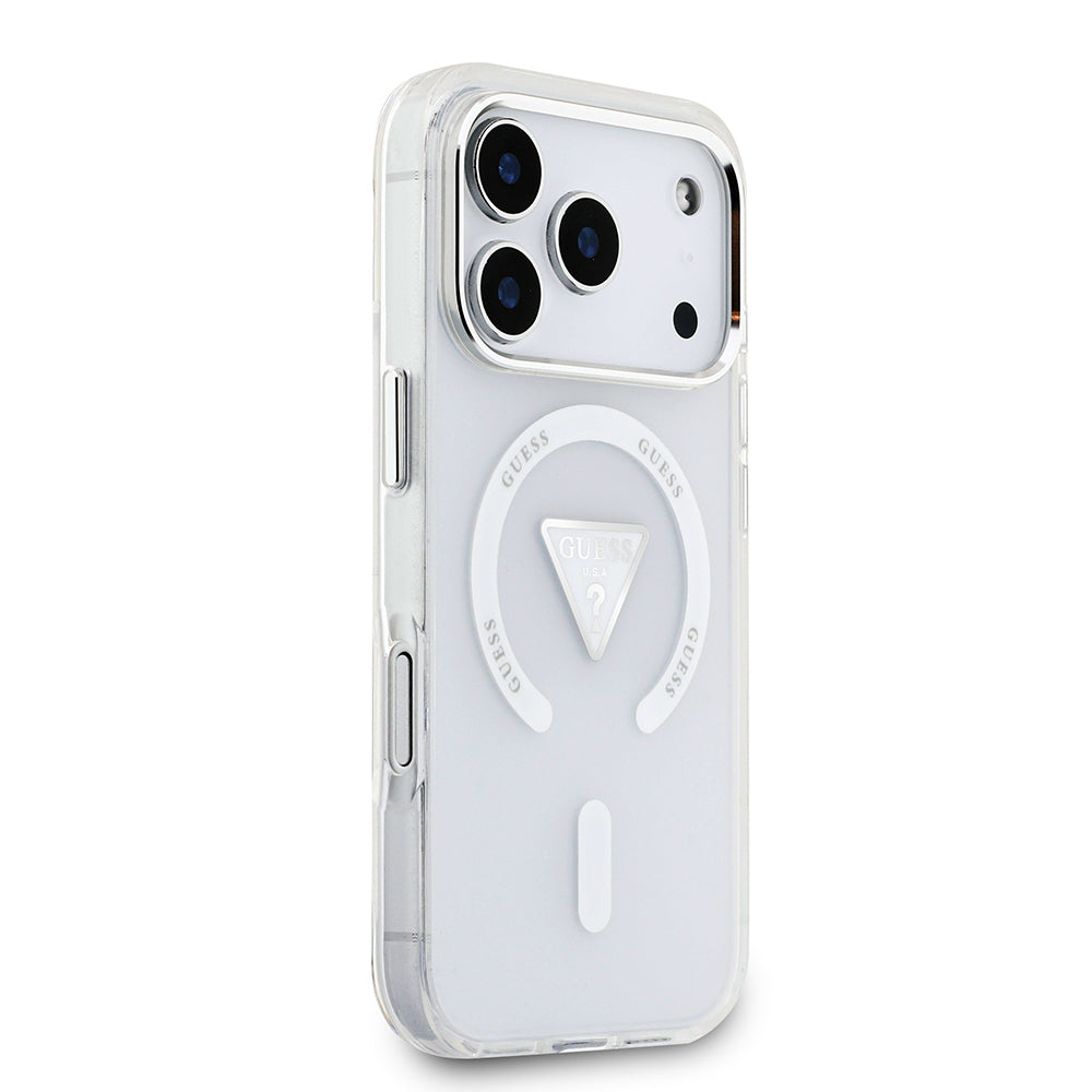 Apple iPhone 17 Pro Kılıf Guess Orjinal Lisanslı M-safe Şarj Özellikli IML Baskılı Üçgen Logolu Metal Kamera Çerçeveli Kapak Siyah