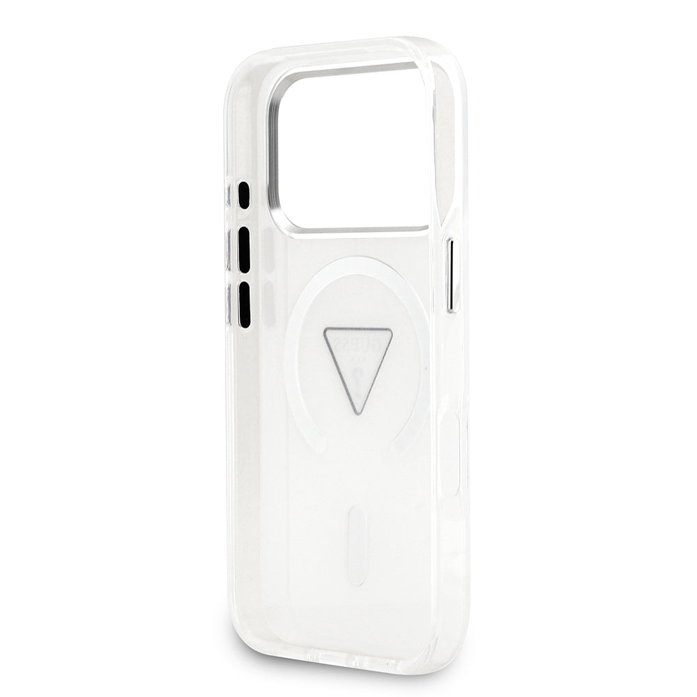 Apple iPhone 17 Pro Kılıf Guess Orjinal Lisanslı M-safe Şarj Özellikli IML Baskılı Üçgen Logolu Metal Kamera Çerçeveli Kapak Şeffaf