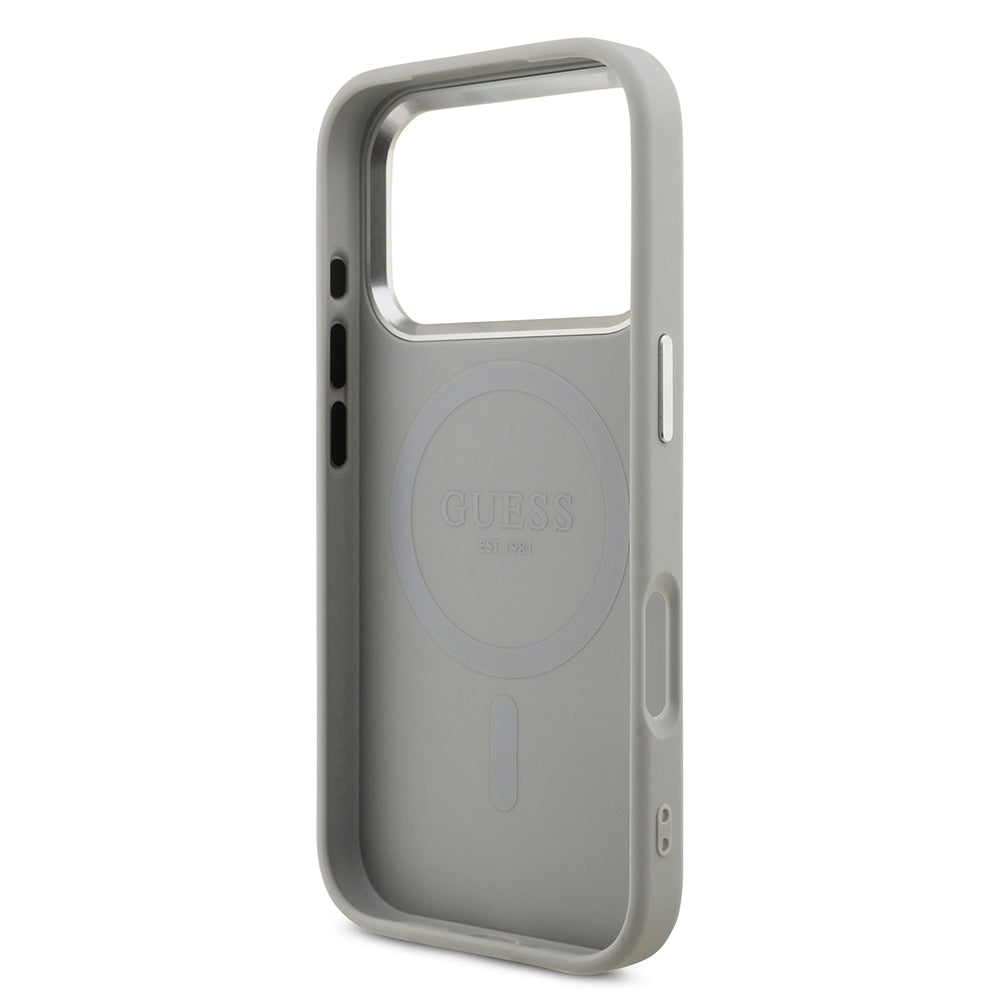 Apple iPhone 17 Pro Kılıf Guess Orjinal Lisanslı M-safe Şarj Özellikli Metal Kamera Çerçeveli Üçgen Logolu Glitter Kapak Gri