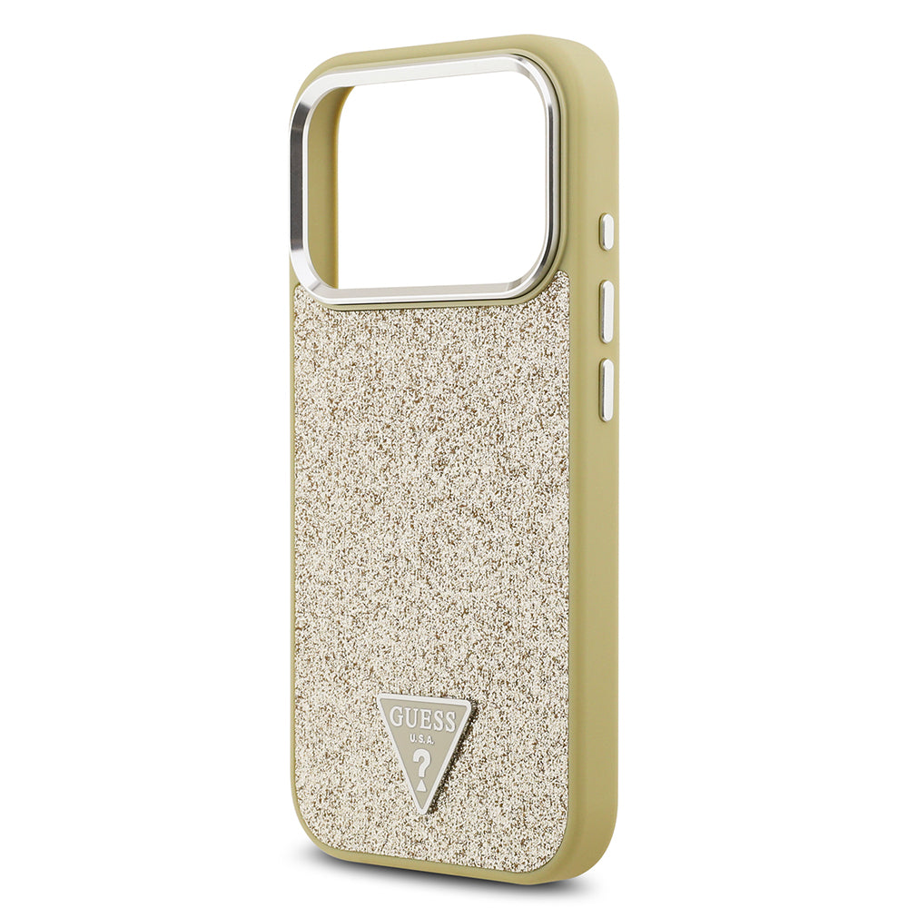 Apple iPhone 17 Pro Kılıf Guess Orjinal Lisanslı M-safe Şarj Özellikli Metal Kamera Çerçeveli Üçgen Logolu Glitter Kapak Gold