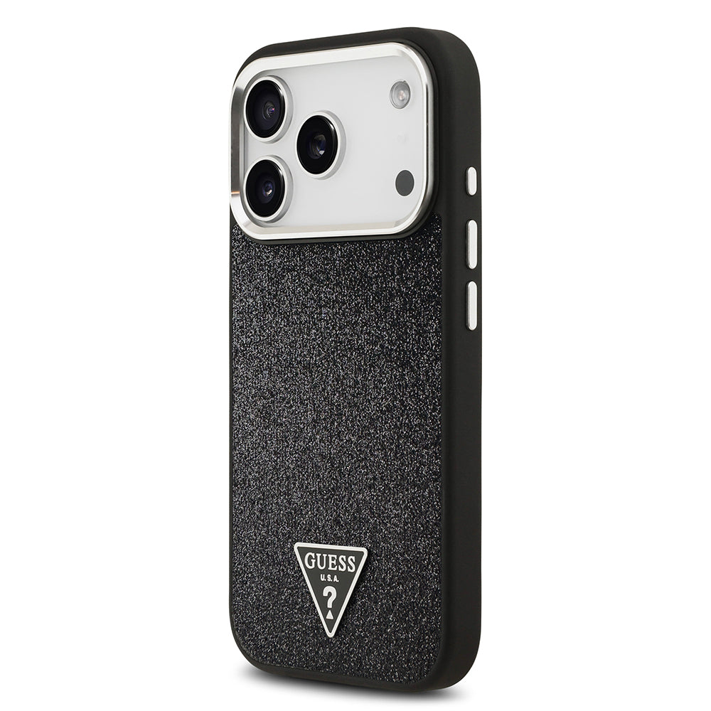 Apple iPhone 17 Pro Kılıf Guess Orjinal Lisanslı M-safe Şarj Özellikli Metal Kamera Çerçeveli Üçgen Logolu Glitter Kapak Gri