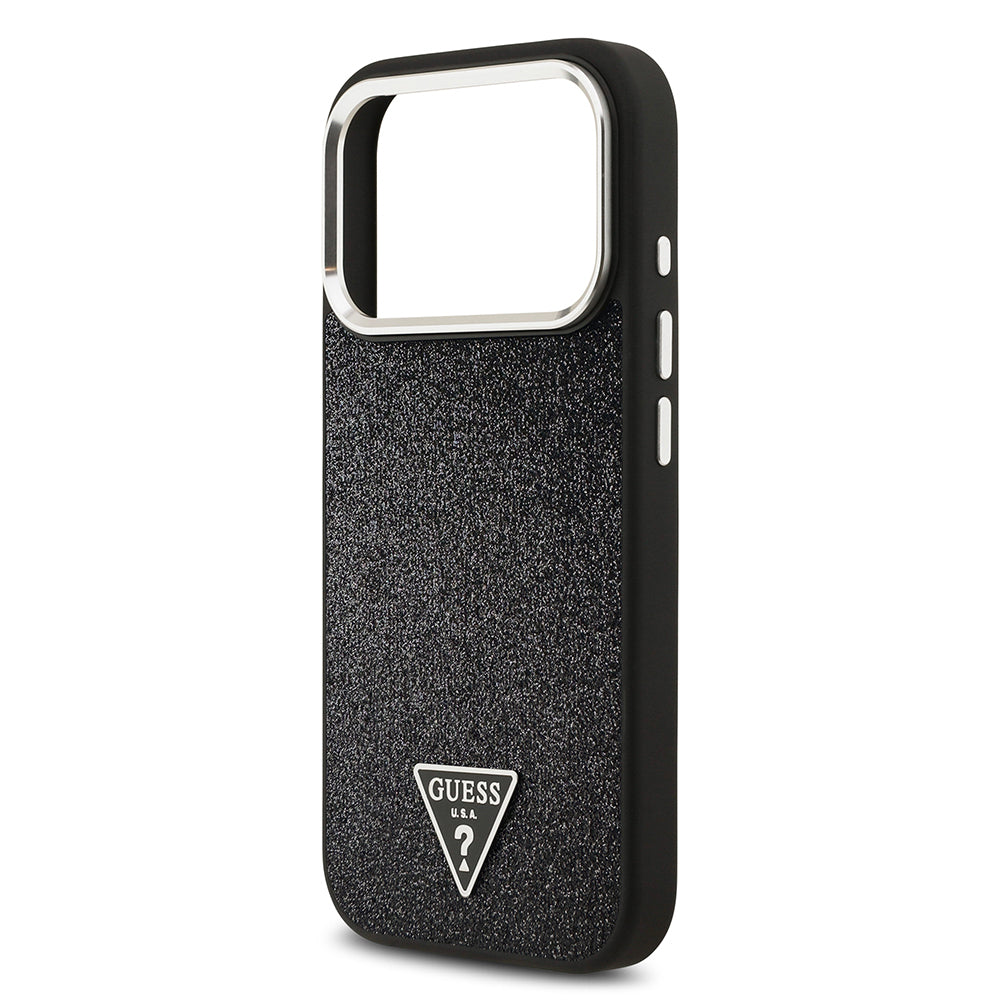 Apple iPhone 17 Pro Kılıf Guess Orjinal Lisanslı M-safe Şarj Özellikli Metal Kamera Çerçeveli Üçgen Logolu Glitter Kapak Siyah