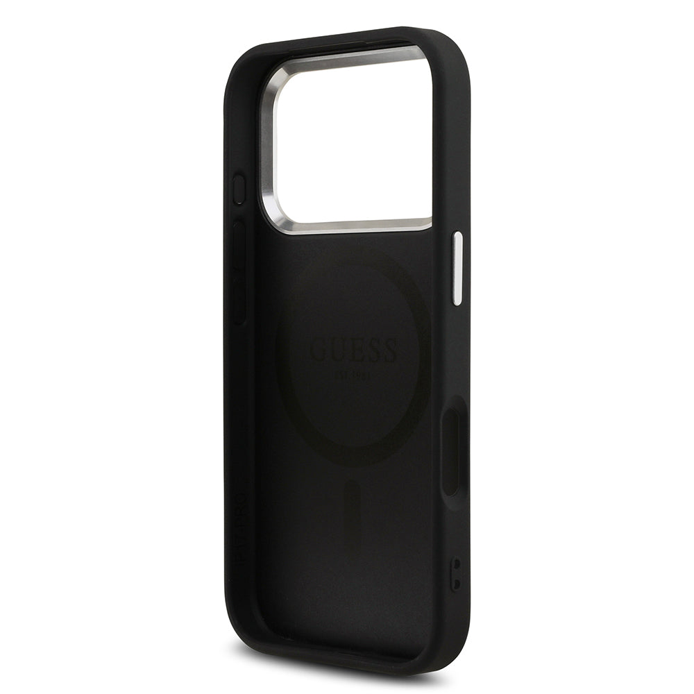 Apple iPhone 17 Pro Kılıf Guess Orjinal Lisanslı M-safe Şarj Özellikli Metal Kamera Çerçeveli Üçgen Logolu Glitter Kapak Pembe