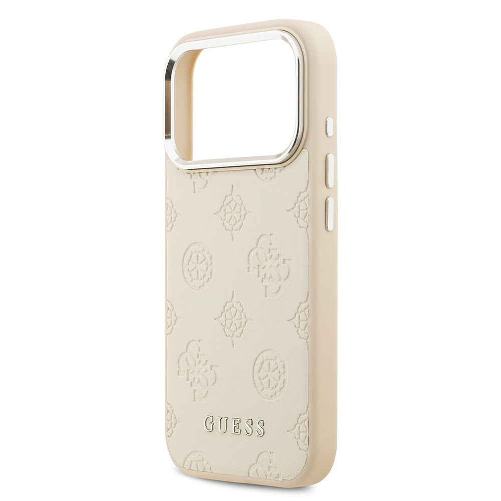 Apple iPhone 17 Pro Kılıf Guess Orjinal Lisanslı M-safe Şarj Özellikli Sıcak Baskılı Klasik Yazı Logolu PU Deri Peony Kapak Bej