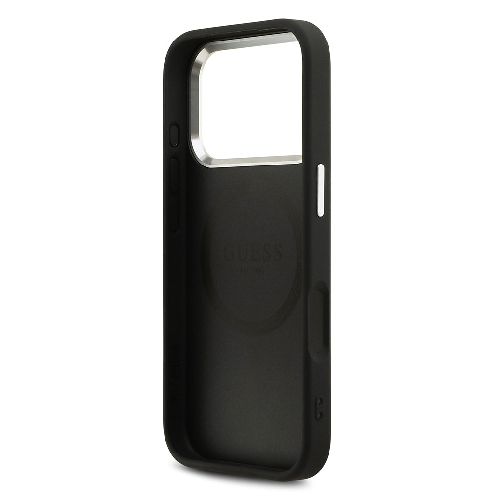 Apple iPhone 17 Pro Kılıf Guess Orjinal Lisanslı M-safe Şarj Özellikli Sıcak Baskılı Klasik Yazı Logolu PU Deri Peony Kapak Siyah