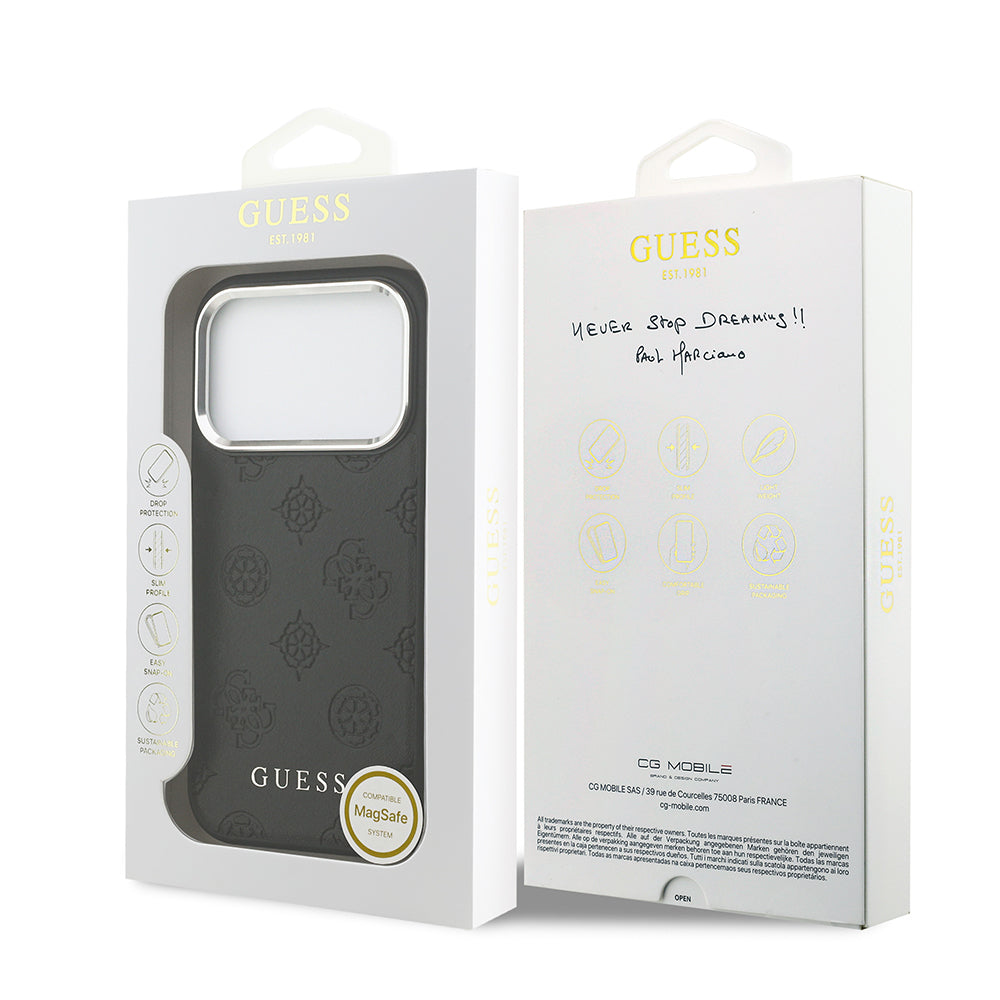 Apple iPhone 17 Pro Kılıf Guess Orjinal Lisanslı M-safe Şarj Özellikli Sıcak Baskılı Klasik Yazı Logolu PU Deri Peony Kapak Siyah