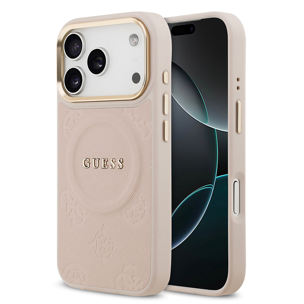 Apple iPhone 17 Pro Kılıf Guess Orjinal Lisanslı M-safe Şarj Özellikli Sıcak Baskılı Yazı Logolu PU Deri Peony Kapak Pembe
