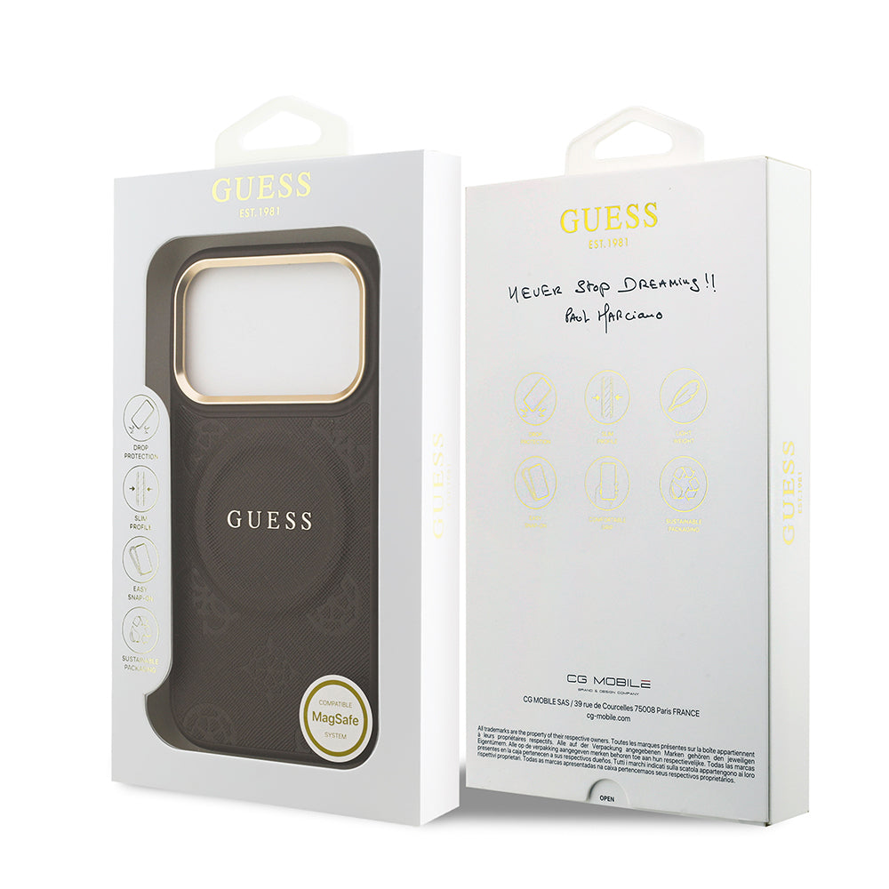 Apple iPhone 17 Pro Kılıf Guess Orjinal Lisanslı M-safe Şarj Özellikli Sıcak Baskılı Yazı Logolu PU Deri Peony Kapak Kahverengi