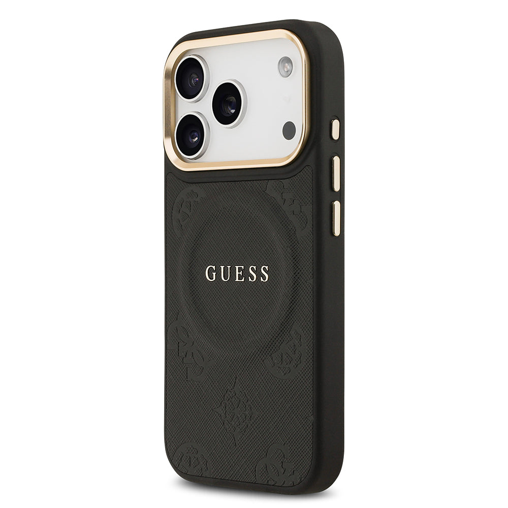 Apple iPhone 17 Pro Kılıf Guess Orjinal Lisanslı M-safe Şarj Özellikli Sıcak Baskılı Yazı Logolu PU Deri Peony Kapak Bej