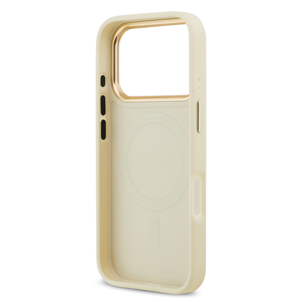 Apple iPhone 17 Pro Kılıf Guess Orjinal Lisanslı M-safe Şarj Özellikli Sıcak Baskılı Yazı Logolu PU Deri Peony Kapak Pembe