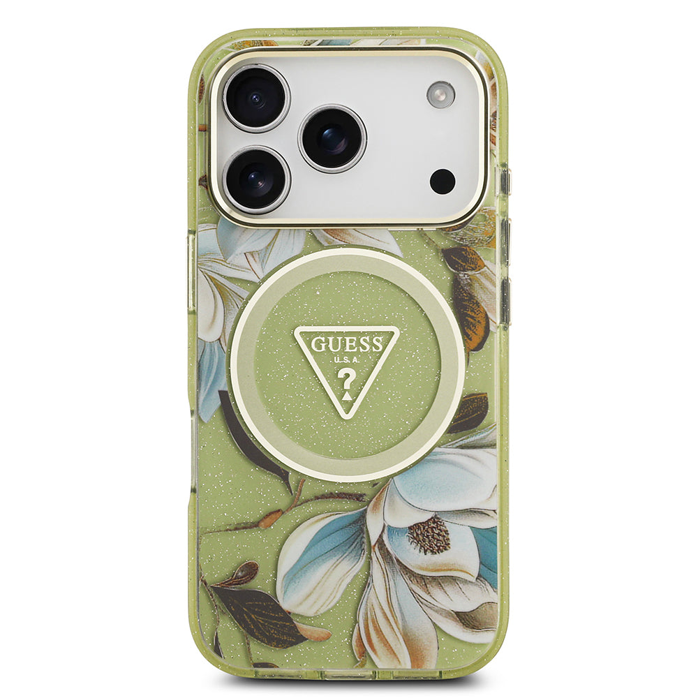 Apple iPhone 17 Pro Kılıf Guess Orjinal Lisanslı M-safe Şarj Özellikli Simli Çiçek Desenli Metal Kamera Çerçeveli Üçgen Logolu Kapak Beyaz