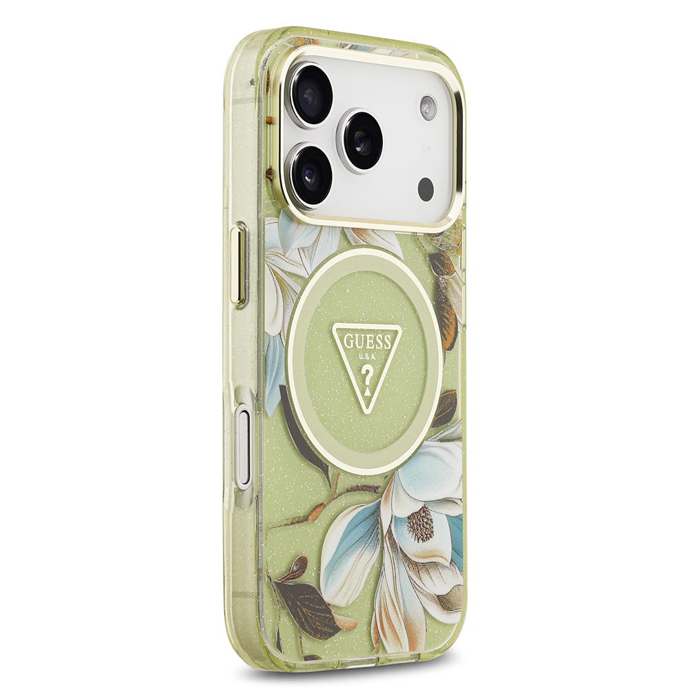 Apple iPhone 17 Pro Kılıf Guess Orjinal Lisanslı M-safe Şarj Özellikli Simli Çiçek Desenli Metal Kamera Çerçeveli Üçgen Logolu Kapak Siyah