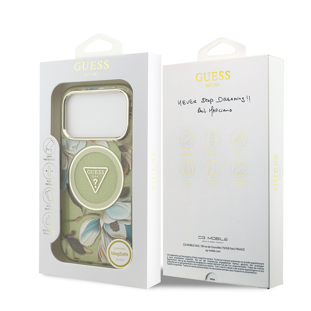 Apple iPhone 17 Pro Kılıf Guess Orjinal Lisanslı M-safe Şarj Özellikli Simli Çiçek Desenli Metal Kamera Çerçeveli Üçgen Logolu Kapak Siyah