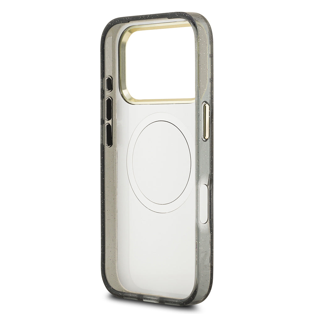 Apple iPhone 17 Pro Kılıf Guess Orjinal Lisanslı M-safe Şarj Özellikli Simli Çiçek Desenli Metal Kamera Çerçeveli Üçgen Logolu Kapak Siyah