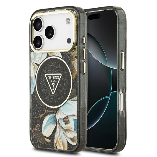 Apple iPhone 17 Pro Kılıf Guess Orjinal Lisanslı M-safe Şarj Özellikli Simli Çiçek Desenli Metal Kamera Çerçeveli Üçgen Logolu Kapak Siyah