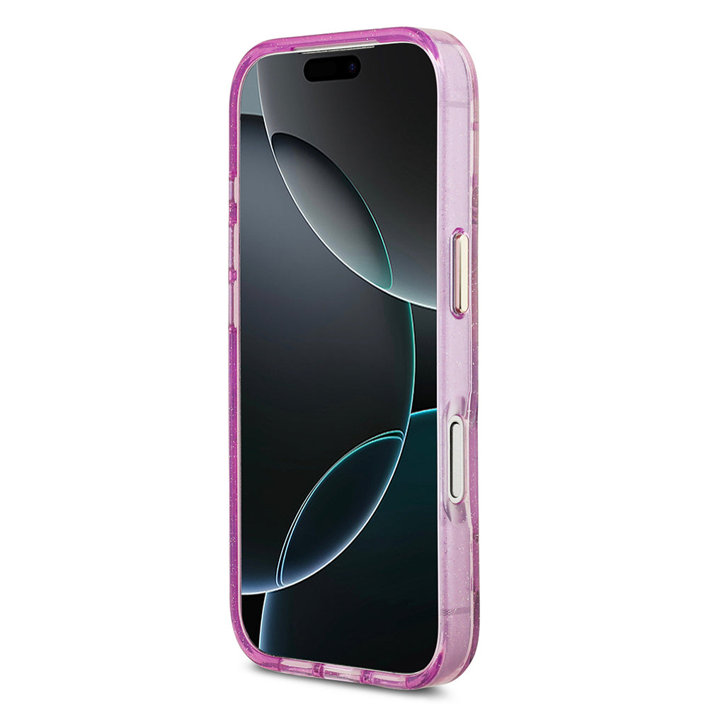 Apple iPhone 17 Pro Kılıf Guess Orjinal Lisanslı M-safe Şarj Özellikli Simli Çiçek Desenli Metal Kamera Çerçeveli Üçgen Logolu Kapak Mor