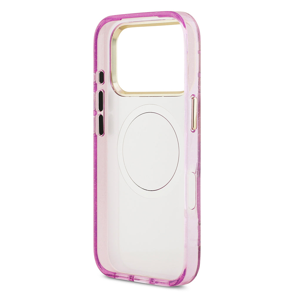 Apple iPhone 17 Pro Kılıf Guess Orjinal Lisanslı M-safe Şarj Özellikli Simli Çiçek Desenli Metal Kamera Çerçeveli Üçgen Logolu Kapak Mor