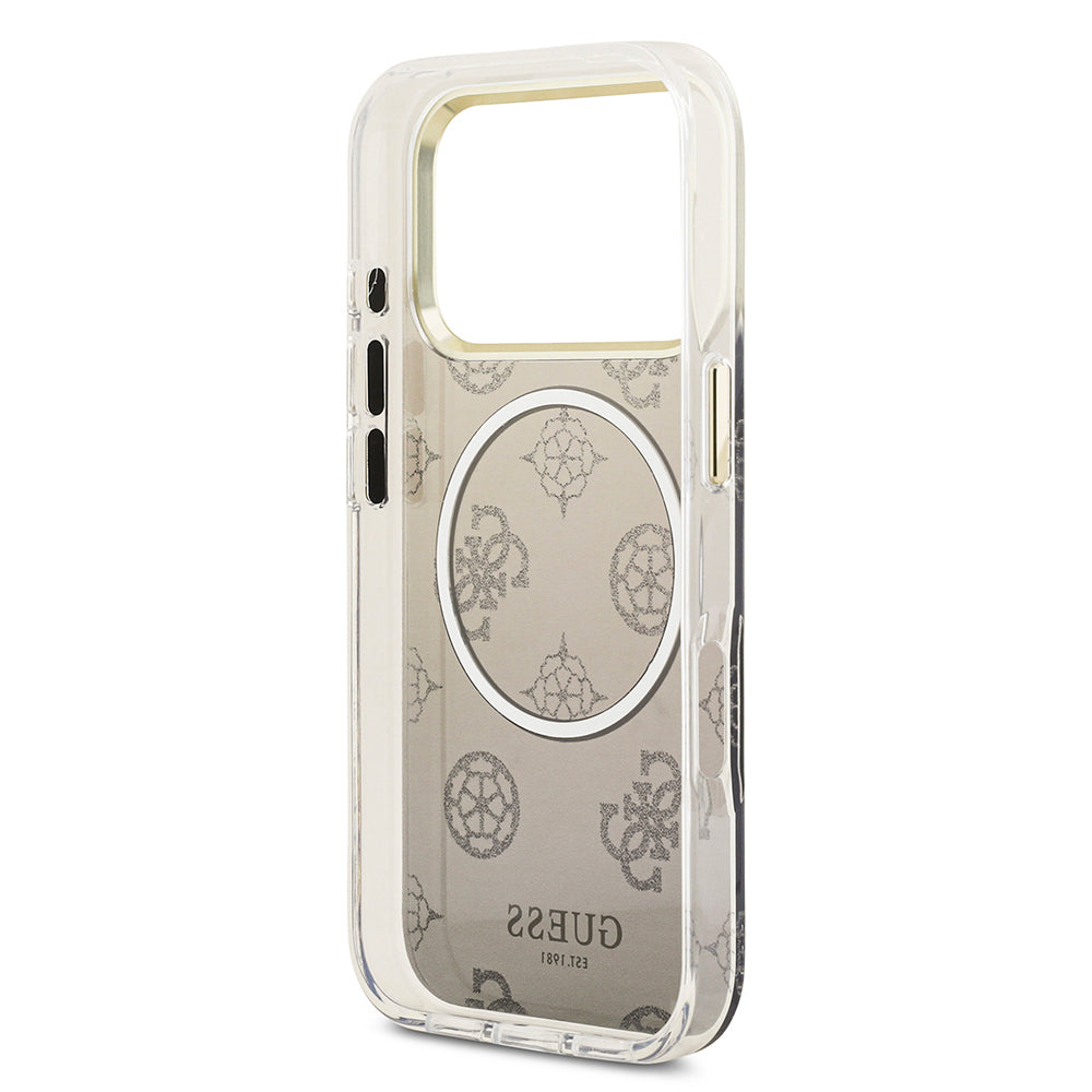 Apple iPhone 17 Pro Kılıf Guess Orjinal Lisanslı M-safe Şarj Özellikli Simli Peony Desenli Silikon Kapak Pembe