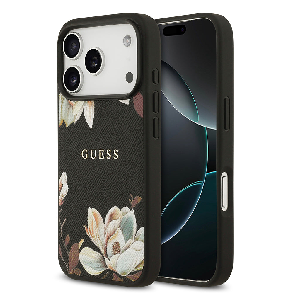 Apple iPhone 17 Pro Kılıf Guess Orjinal Lisanslı M-safe Şarj Özellikli Taneli Çiçek Tasarımlı Metal Yazı Logolu Kapak Pembe