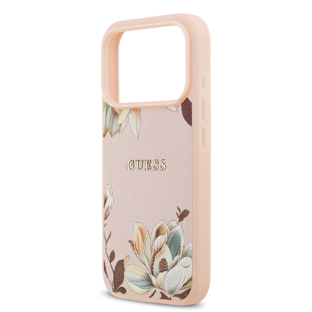 Apple iPhone 17 Pro Kılıf Guess Orjinal Lisanslı M-safe Şarj Özellikli Taneli Çiçek Tasarımlı Metal Yazı Logolu Kapak Pembe